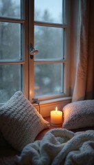 Wall Mural - Cozy home corner with burning candle. White knitted pillows, warm soft blanket on windowsill create mood of comfort. Hygge style home interior for relaxing at rainy autumn or winter day.