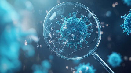 Wall Mural - hologram virus search. viruses under a magnifying glass of polygons, triangles of dots and lines. co