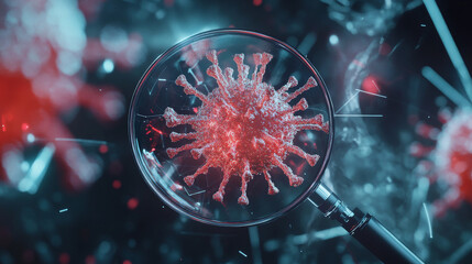 Wall Mural - hologram virus search. viruses under a magnifying glass of polygons, triangles of dots and lines. co