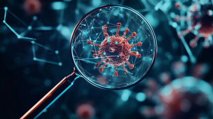 Wall Mural - hologram virus search. viruses under a magnifying glass of polygons, triangles of dots and lines. co