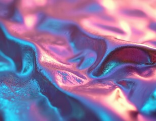 Poster - Modern bright pastel neon colored crumpled metallic holographic foil texture in pink, blue, turquoise colors. Psychedelic holographic foil with light refraction, great for trendy backgrounds banners.