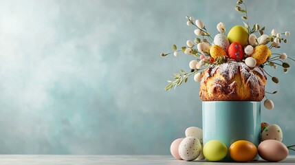 Wall Mural -   A cake is positioned atop a blue container, alongside eggs and a floral arrangement