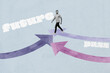 © deagreez - Trend artwork sketch design montage collage of young man walk arrow way future goal progress development strategy purpose achievement up