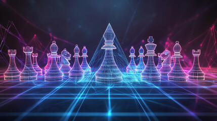 Wall Mural - hologram chess strategy. a chess strategy of polygons, triangles of points and lines. chess is a low