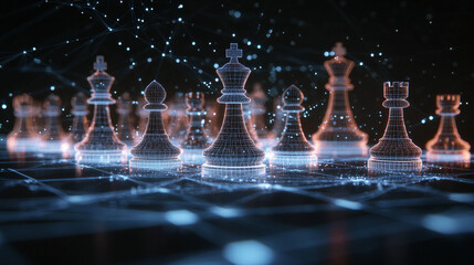 Wall Mural - hologram chess strategy. a chess strategy of polygons, triangles of points and lines. chess is a low