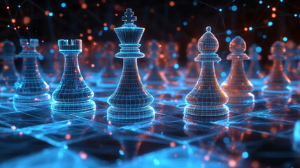 Wall Mural - hologram chess strategy. a chess strategy of polygons, triangles of points and lines. chess is a low