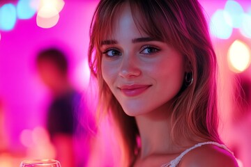 Young caucasian female smiling in vibrant neon pink ambiance at social gathering