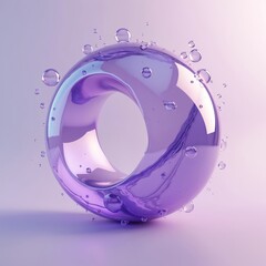 Leinwandbilder - 3D render of abstract purple fluid inside torus shape sphere with water drops bubbles. Liquid motion in transparent glass glossy surface with light reflections, skincare cosmetic concept.