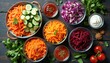 © miss irine - Top view decorative bowls filled with salads, sauces on wooden table. Fresh, healthy eating with abundance of flavors, colors. Mix arrangement, bright nutritional meal, dining, culinary presentation.