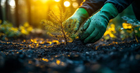 Wall Mural - A person is planting a tree in the dirt. The tree is small and the person is wearing gloves