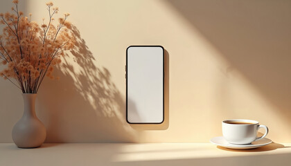 Poster - Mobile phone with blank white screen on beige background. Cup of coffee, dry flower bouquet in aesthetic composition. Smartphone presentation mockup template. Clean minimalist design for advertising