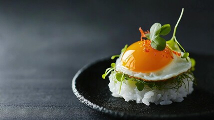 Wall Mural -   Black plate, fried egg, rice, green garnish