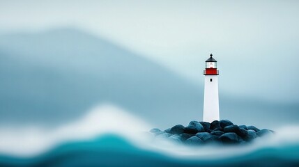 Wall Mural -   A red-and-white lighthouse towers over a small island in the heart of the water