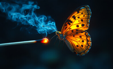 Wall Mural - A butterfly is on a matchstick that is lit. The butterfly is orange and black. The image has a mood of danger and destruction