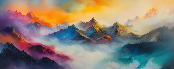 Canvas Print - Vibrant mountain sunset with colorful peaks and misty valleys