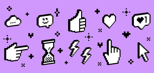 3D pixel art tech design elements. Thumbs up, hourglass, pointer icon. Mood of 90's. 8 bit retro style vector illustration. Y2k simple geometric shape for collage sticker, poster. Game abstract icons