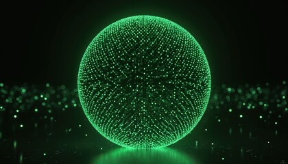 Poster - Illustration shows green holographic sphere on black background. Specimen futuristic, three-dimensional, shiny, glossy, digital. Vibrant geometric abstract dynamic design element for tech industry,