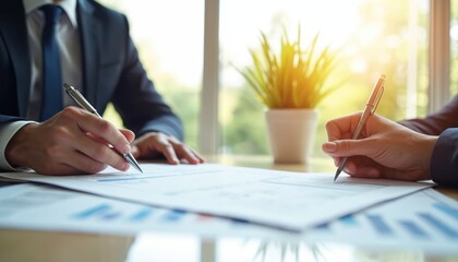 Fototapete - Close-up hands write on business plan during meeting. Businesspeople review graphs, charts data, sign documents. Team signs contract. Business partners conclude agreement indoors.