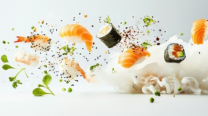 Wall Mural -   An image of a sushi ball being flung high into the air by another sushi ball balanced atop a mound of noodles