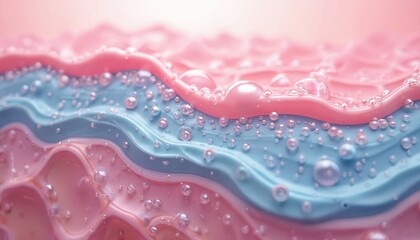 Poster - Illustration of healthy skin layers epidermis, dermis, hypodermis. Tissue surface with collagen bubbles for cosmetology mockup banner. Detailed macro close-up for skincare product promo materials,