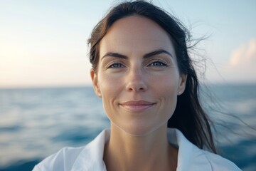 Wall Mural - Smiling caucasian young female by the sea under clear sky