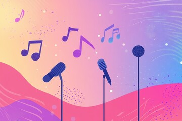 Poster - Colorful K pop inspired minimalist background with music notes and microphones creating a vibrant atmosphere for creativity. Generative AI