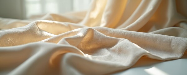 Aufkleber - Close-up on Tencel fabric with detailed textures light reflections. Beige textile draped across table sustainable fiber innovation. Lightweight, comfortable cloth with premium finish for home decor