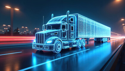 Aufkleber - Illustration of futuristic glowing truck driving on highway at night. Lorry with trailer blue neon contour style, motion blurred red car lights background. Modern cargo transport logistics innovation.