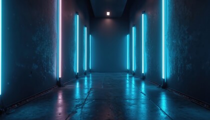 Poster - Dark corridor with perspective effect, blue neon lights. Empty black hall and reflective plates on the floor. Modern technology render, abstract dark blue design with futuristic style.