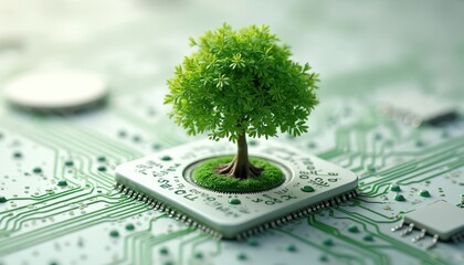 Aufkleber - Green tree grows from microchip, symbol of tech eco integration. Circuit board background. Digital nature blend, modern renewable power solutions. Ecology, environment friendly innovation for