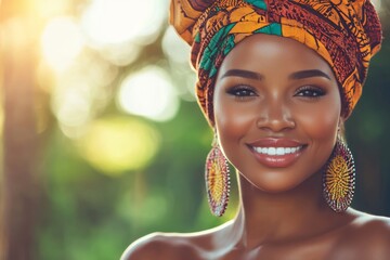 Wall Mural - Smiling african female in colorful headwrap and earrings in sunlit outdoors