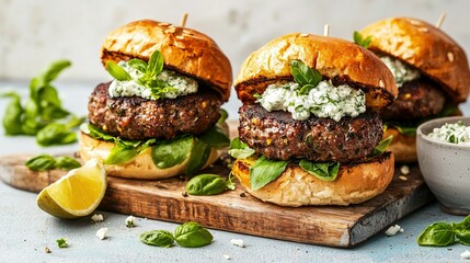 Wall Mural -   A pair of hamburgers on a wooden cutting board with sauce and lemon wedge