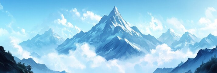 Fototapete - Majestic mountain range under soft clouds and blue sky with space for text. Generative AI