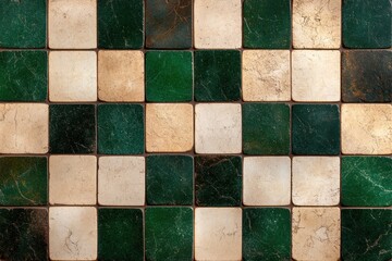 Wall Mural - Shabby Chic Patchwork Chessboard Texture on Concrete Wall - Vintage Retro Green and White Lozenge Diamond Rue Tiles Panorama Banner