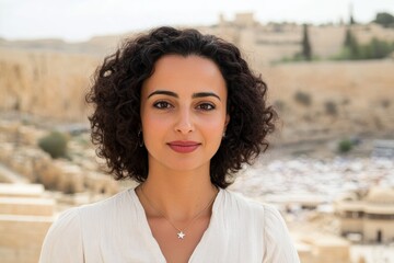 Wall Mural - Portrait of young hispanic female with curly hair in historic urban setting