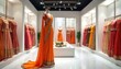© miss irine - Luxury boutique orange Indian saree dress on mannequin. Festive Bollywood clothing, stylish party outfit. Traditional silk, chiffon attire in fashion store, banner. Handloom saree salon interior.