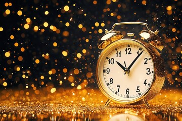 Wall Mural - Counting Down to Midnight: Golden Fireworks and New Year Clock on Abstract Defocused Background