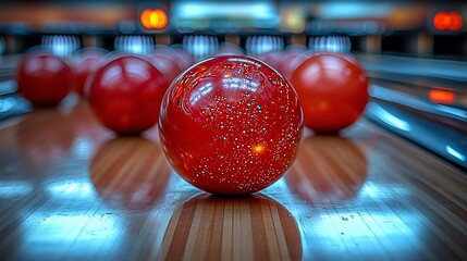 Wall Mural - A vibrant scene of red bowling balls lined up on a polished wooden lane, ready to roll