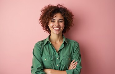 Wall Mural - Smiling woman in green shirt against pink background. Attractive brunette girl with curly hair posing, expressing joy, positive emotions, happiness. Business, casual lifestyle headshot, confidence,