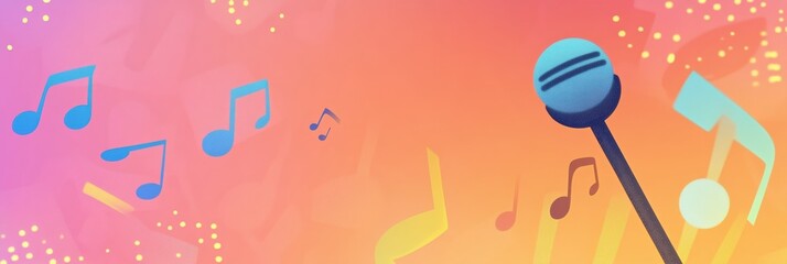 Wall Mural - Vibrant minimalist K pop inspired background featuring music notes and microphones in a colorful atmosphere. Generative AI