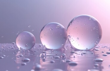Poster - Illustration of clear water droplets with light pink, blue gradient background. Transparent bubbles reflect light, create sense of purity, freshness, cleanliness, hydration. Perfect for cosmetic,