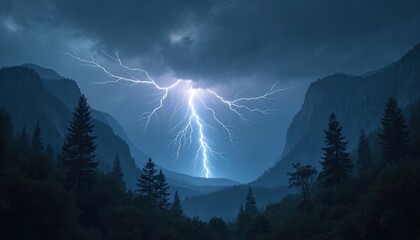 Wall Mural - thunderstorm with lightning strikes in dark mountain landscape. powerful bolts illuminate forest and