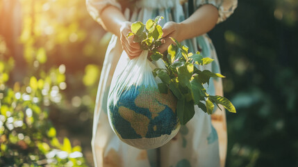 Wall Mural - Save Earth and ecology concept in flat style with a hand holding a young green plant, recyclable eco bags, bamboo, green trees and leaves