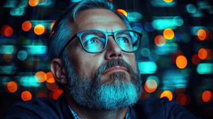 Man contemplates future, digital bokeh background