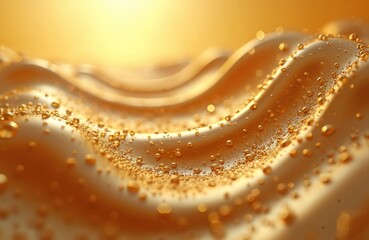 Poster - Abstract golden liquid with flowing wave, small bubbles. Shiny surface with glossy shimmer, ripple effect, creating luxurious, elegant texture pattern. Great as background, cosmetic product