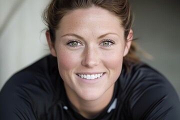 Wall Mural - Smiling young caucasian female with freckles in black shirt