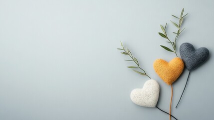 Wall Mural -   A pair of hearts placed on a table beside a twig with a plant emerging from it