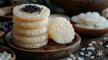 Wall Mural - A stack of translucent snacks garnished with black seeds on a wooden plate.