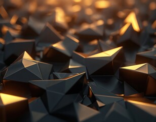 Poster - Golden black 3D abstract background with shiny triangles. Polygonal geometric shapes with crystal facets on dark glossy luxury surface. Modern digital render design wallpaper for visual communication.