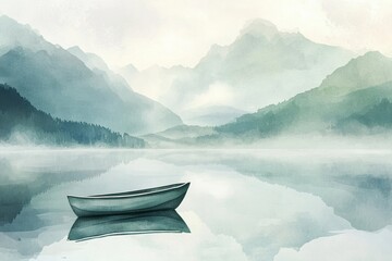 Poster - Serene watercolor illustration of a rowboat floating on a calm mountain lake surrounded by misty mountains and a blank sky. Generative AI
